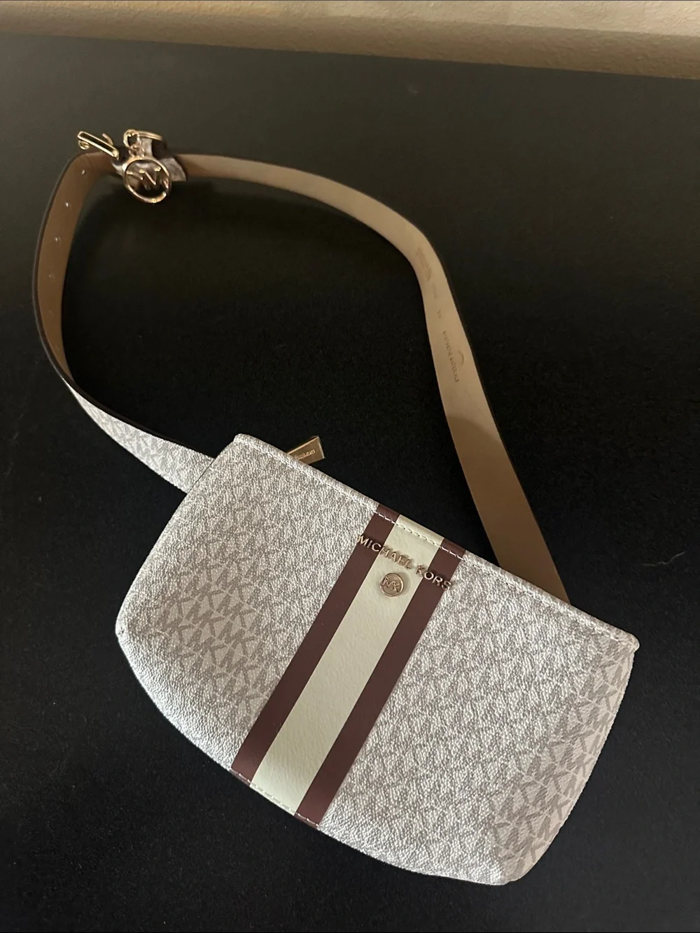 Michael Kors Cream and Brown Logo Stripe Belt Bag